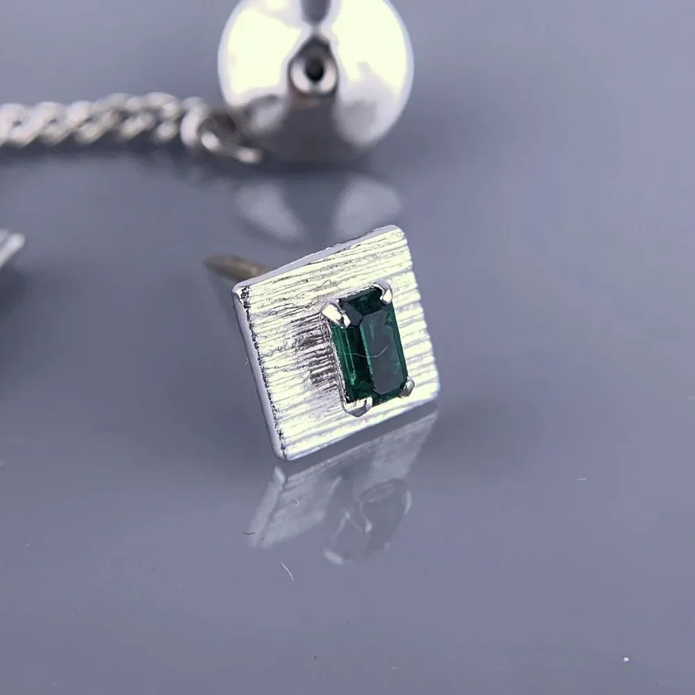 Green Rhinestone White Gold Plated Tie Tack Pin Square Rectangle Vintage